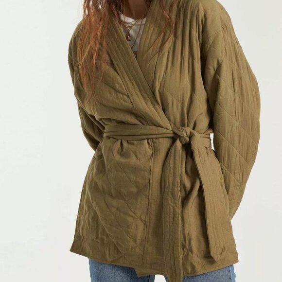Billabong Long Quilted Coat with Tie-Front Waist, M - Picture 2 of 6